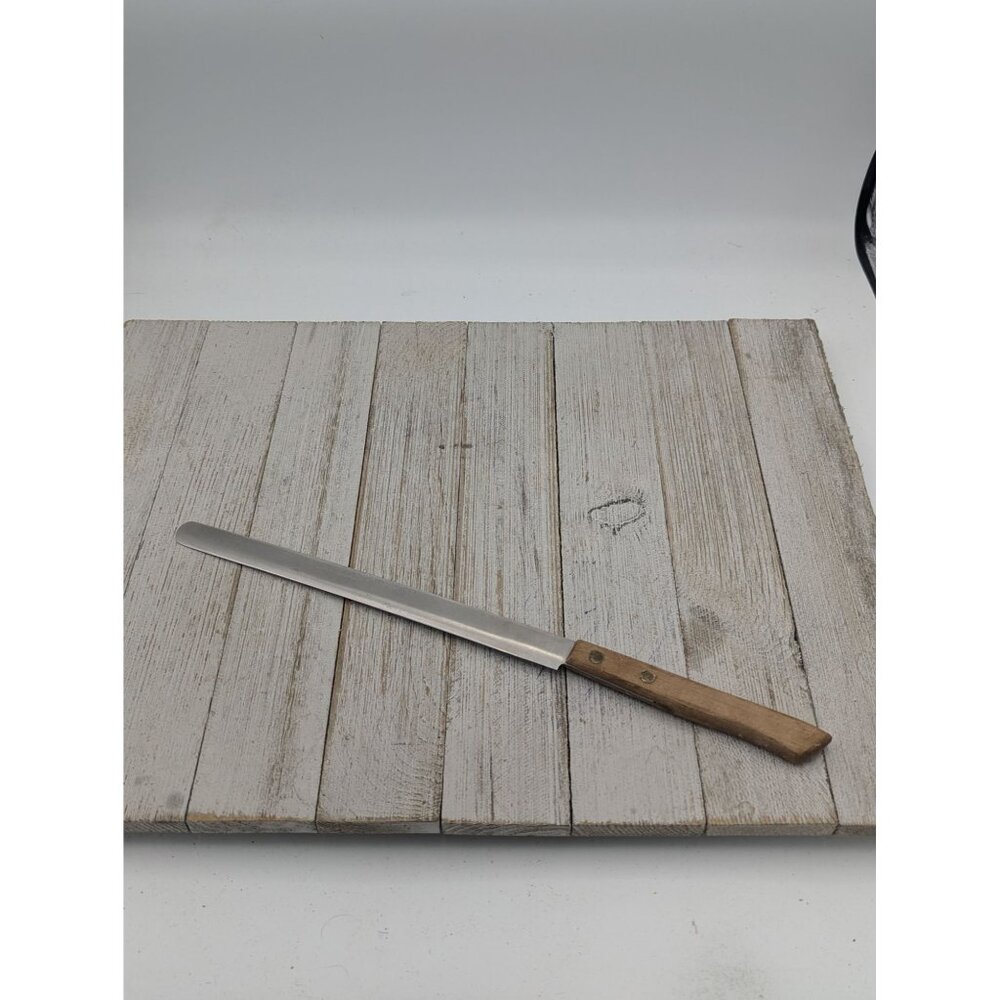 Vintage Household Stainless Slicing Bread Knife 7-3/4" Blade Wood Handle 12-1/4"
